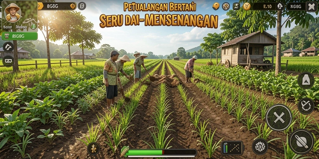 Tampilan gameplay menarik dari 8G8G dengan kebun yang subur.