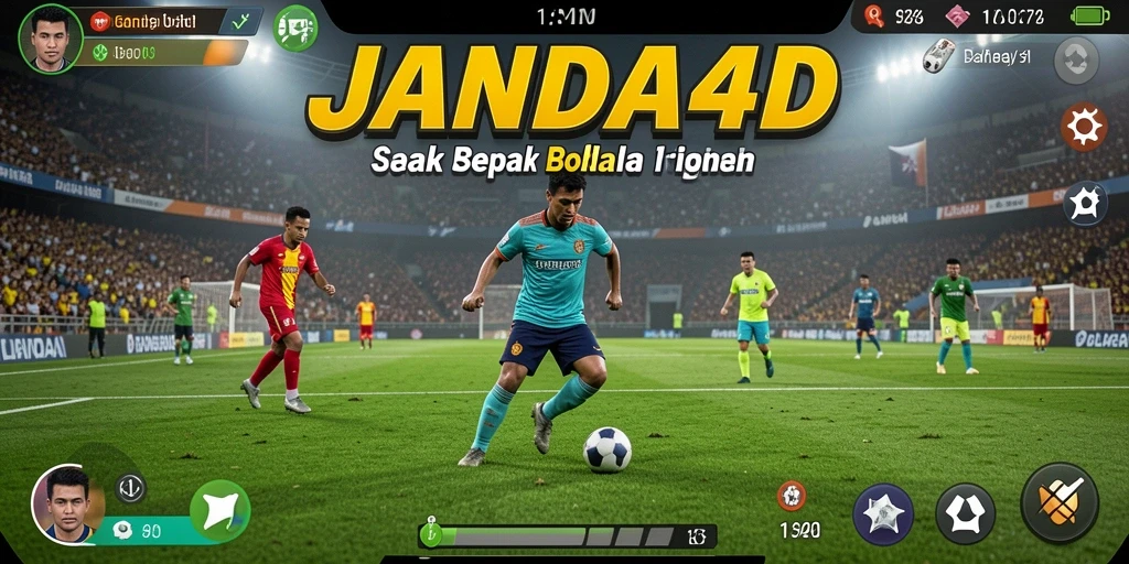 Screenshot dari gameplay JANDA4D yang menampilkan aksi sepak bola seru.