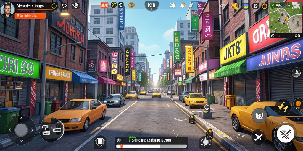 Tampilan gameplay JKT8 yang menggambarkan aktivitas sehari-hari di kota.