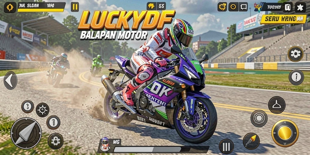 Tampilan gameplay LUCKYDF dengan motor balap yang memukau.