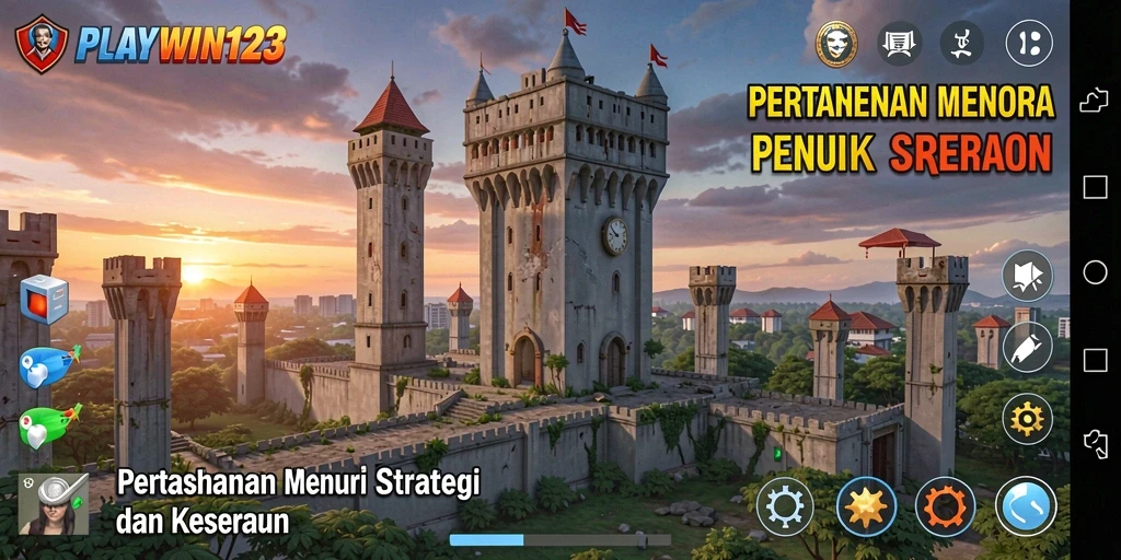 Tampilan gameplay Tower Defense di PLAYWIN123 dengan menara strategis.
