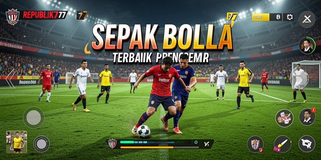 Tampilan gameplay seru dalam REPUBLIK77 yang menggambarkan aksi sepak bola.