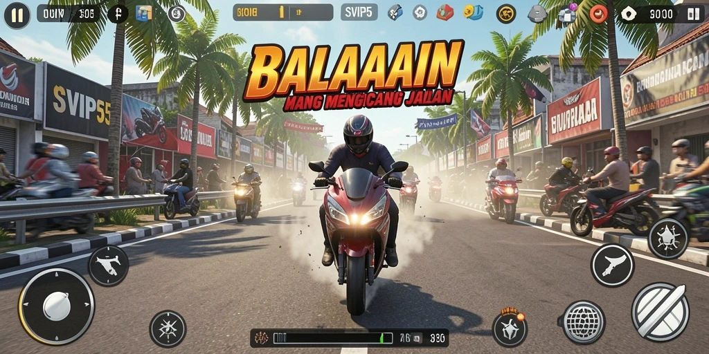 Screenshot gameplay SVIP5 menampilkan balapan motor yang intens dan mendebarkan.